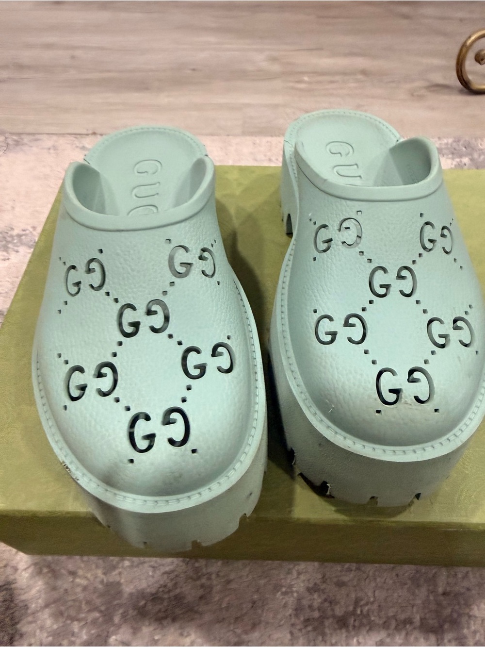 Gucci Mint Green Perforated GG Platform Clog Mules